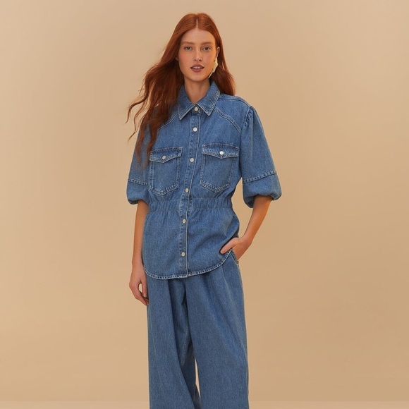 FARM RIO Denim Puff Sleeve Shirt M - Picture 3 of 8